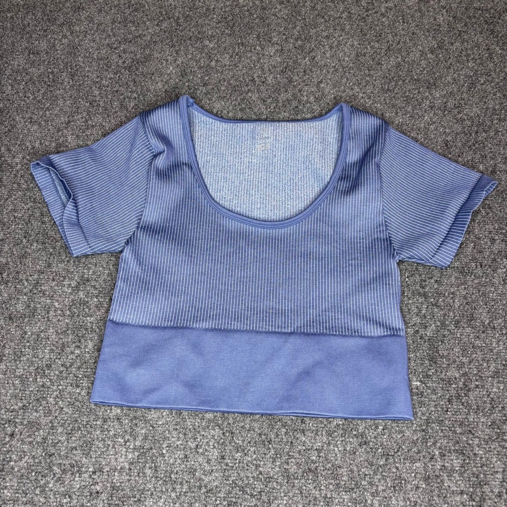 Aerie Offline Ribbed Cropped T-Shirt Top Blue Striped‎ Casual Athleisure